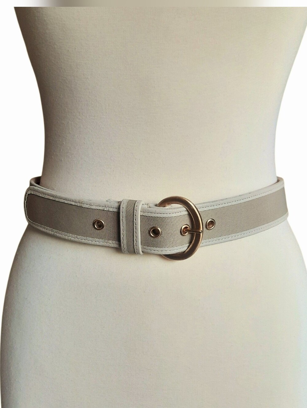 TALBOTS Khaki Canvas Twill & Leather Wide Belt w/Gold Buckle Sz S/M